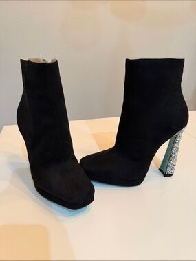 Betsey Johnson Black Suede Platform Ankle Boots with Crystal-Embellished Heel